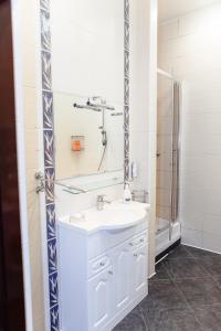 a bathroom with a sink and a shower at Leninskaya Apartments in Mogilev