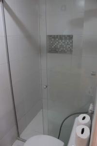 Apartamento/Studio centro florianopolis في فلوريانوبوليس: حمام مع مرحاض ودش زجاجي