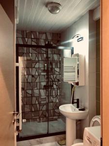Kristina's Cozy Designer Apartment في إسكوبية: حمام مع حوض ومرحاض ومرآة