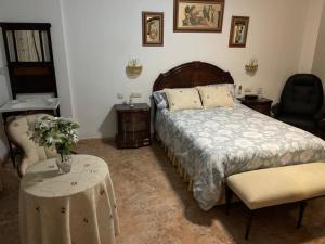 een slaapkamer met een bed, twee stoelen en een tafel bij Casa Luisa in Granada