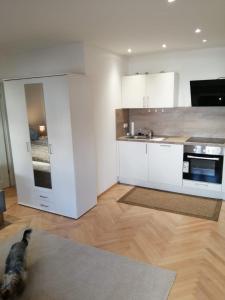 a kitchen with white cabinets and a stove top oven at Schinderhannes in Waibstadt