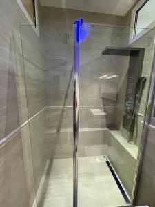 La salle de bains est pourvue d'une douche avec une porte en verre. dans l'établissement Gallo Superior, à Nice