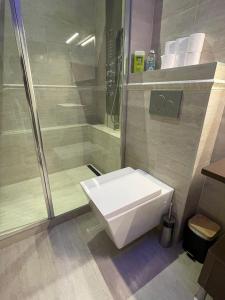 La salle de bains est pourvue d'une douche et d'un lavabo blanc. dans l'établissement Gallo Superior, à Nice