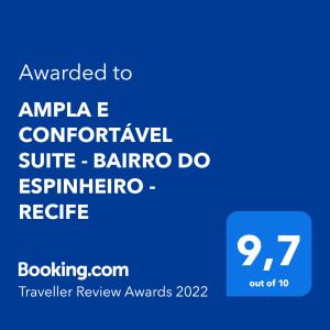 Сертификат, награда, табела или друг документ на показ в AMPLA e CONFORTÁVEL SUITE - BAIRRO DO ESPINHEIRO - RECIFE