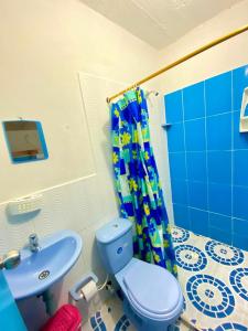a bathroom with a blue toilet and a sink at HOSTAL EL DESCANSO in Capurganá
