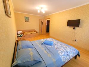 - une chambre avec un lit bleu et une télévision dans l'établissement 1 комнатные апартаменты на Ауэльбекова 138, à Kökşetaw