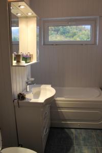 a bathroom with a sink and a tub and a toilet at Apartament Hanna - Straja in Uricani