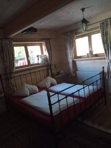 a bedroom with a bed and two windows at Kaiserhaus Harald Astner Ebbs Studio 1 in Ebbs