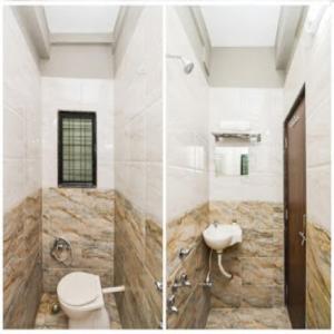 two pictures of a bathroom with a toilet and a sink at Sukrangu Palace in Shirdi