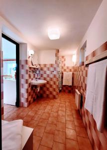 a bathroom with a brown and white tile wall at Chaloupka u Splavu in Loučná nad Desnou