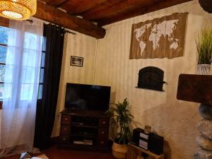 ein Wohnzimmer mit einem Flachbild-TV an der Wand in der Unterkunft la grange avec bain nordique et sauna en pleine montagne in Arrens-Marsous
