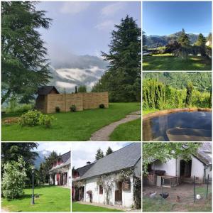 un grupo de cuatro fotos de casas y una casa en la grange avec bain nordique et sauna en pleine montagne, en Arrens-Marsous
