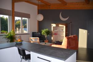 a kitchen with a counter and a living room at Un espace au bord de l'eau in Paliseul