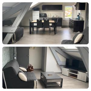 cocina y sala de estar con sofá y mesa en Joli appartement Le tholy, en Le Tholy