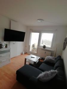 a living room with a couch and a flat screen tv at schöne Ferienwohnung über den Dächern von Plauen in Plauen