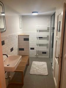 a bathroom with a sink and a shower at Sport- und Seminarhaus Walsertal in Thüringerberg