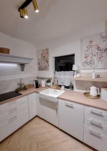 a kitchen with white cabinets and a white sink at Koniakowo - dom Fino in Koniaków +9 photos