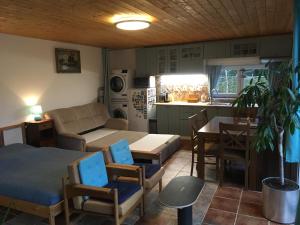 een keuken en een woonkamer met een bank en een tafel bij Na vyhlídce in Vrané nad Vltavou