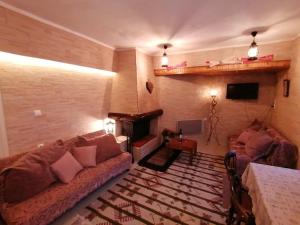 ein Wohnzimmer mit einem Sofa und einem Kamin in der Unterkunft Mountain Memories in Kalavryta