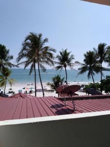 a surfboard sitting on top of a roof next to a beach at Sandy Beach Resort By Casa Loma in Pantai Cenang