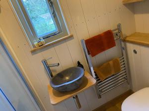a bathroom with a bowl sink on a shelf at Chez Maurice Luxury Shepherds Hut with Bath and Hot Tub in Kelling