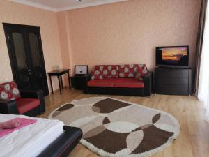 sala de estar con sofá y TV en Apartments in the historical center of Batumi, near the seaside park en Batumi