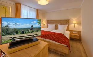 a bedroom with a bed and a flat screen tv at Flair Hotel Schwanen in Bad Bellingen