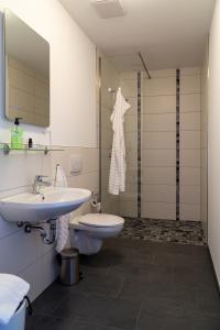 a bathroom with a sink and a toilet and a mirror at DK Glasmanufaktur GmbH in Wurzbach