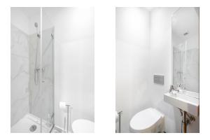 a bathroom with a shower and a toilet and a sink at WHome Beco Patacas Perfect location to explore Lisbon in Lisbon +10 photos