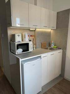 a small kitchen with a microwave and a sink at Slavija Square Apartments in Belgrade