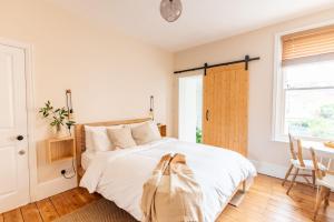 um quarto com uma cama, uma mesa e uma janela em Doghouse Margate em Kent
