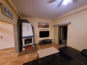 a living room with a fireplace and a tv at Familienfreundliche Fewo MV Malchin in Malchin