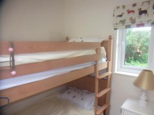 two bunk beds in a room with a window at Rectory Cottage in Abergavenny