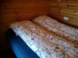 two beds in a room with wooden walls at Langafjaran Cottages in Hjarðarfell