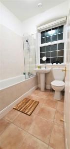 a bathroom with a shower toilet and a sink at Shakespeare Views - Modern Northampton Apartment in Northampton