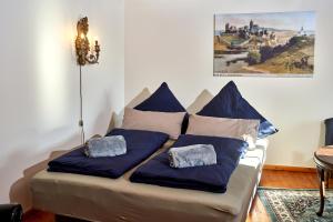 ein Sofa mit blauen Kissen im Wohnzimmer in der Unterkunft Ritterstube - Eifelstuben mit Charme, Nähe See und Burg, außergewöhnlich, Vulkaneifel in Ulmen