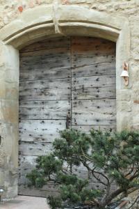 a wooden door with a tree in front of it at La tour Bocsozel in La Côte-Saint-André