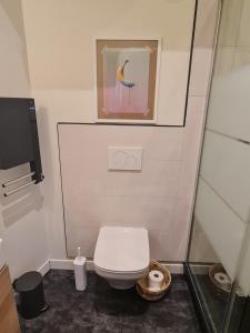a bathroom with a toilet and a picture of a bird at Le Petit Roche in Roche-la-Molière