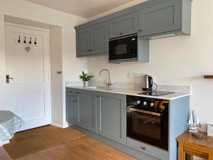 a kitchen with gray cabinets and a sink at The Hayloft Cottage in Whitby