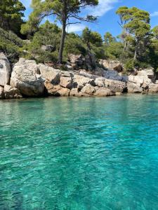 a large body of water with trees and rocks at New apartman Summer in Kaštela