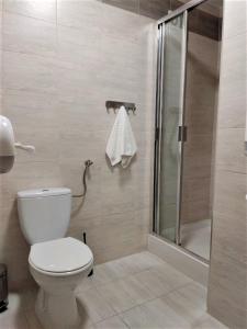 a bathroom with a toilet and a glass shower at Hotel Cargo in Słubice