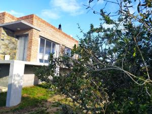 una casa de ladrillo con un árbol delante de ella en Abrazo del Sol Villa Serrana. Lavalleja, en Villa Serrana