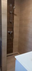 y baño con ducha y pared de madera. en BE-LE-VALÓ APARTMAN, en Szécsény