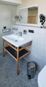 een badkamer met een wastafel en een spiegel bij Café Coureur Borgloon in Borgloon