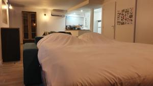 - un lit avec une couverture blanche dans l'établissement "Gîte Le Relais Viennois" vue sur Loire & linge inclus, à Blois