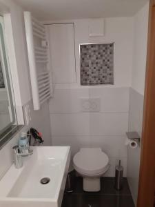 biała łazienka z toaletą i umywalką w obiekcie Ferienwohnung Zur alten Bäckerei w mieście Frauenwald