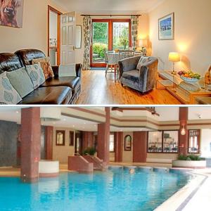 ein Wohnzimmer und ein Wohnzimmer mit einem Pool in der Unterkunft Charming Cottage near Cartmel with free Spa access in Holker