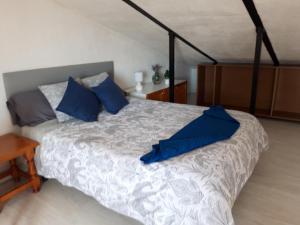 um quarto com uma cama com almofadas azuis em Mamen loft em Aguadulce