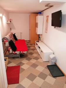 a room with a bed and a tv on a wall at Apartmaji Korošec na Koprivniku in Koprivnik v Bohinju