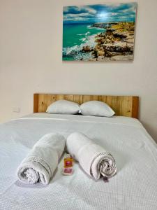 een bed met twee handdoeken en een schilderij bij Hotel Masam Isla Mujeres in Isla Mujeres